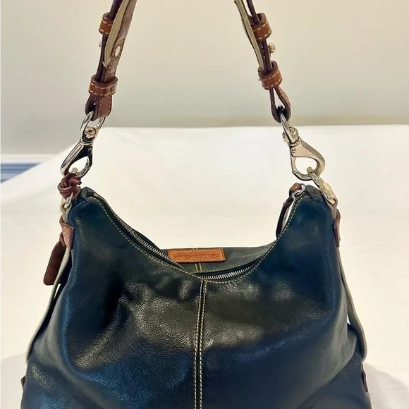 Dooney and Bourke bk purse, brass and silver hardware, yellow stitching, - Picture 6 of 16